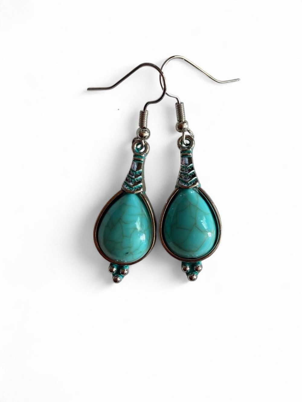 Handmade Turquoise Teardrop Dangle Earrings Boho Silver Tone
